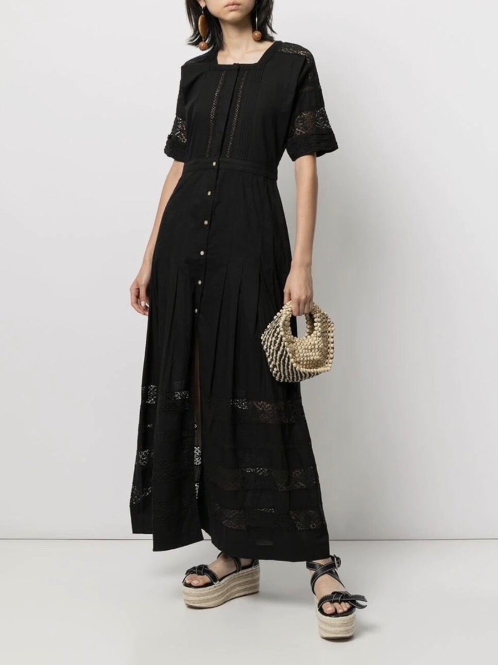 LOVE SHACK FANCY Black Edie Cotton Poplin Lace Button-Down Shirt Dress S B1670